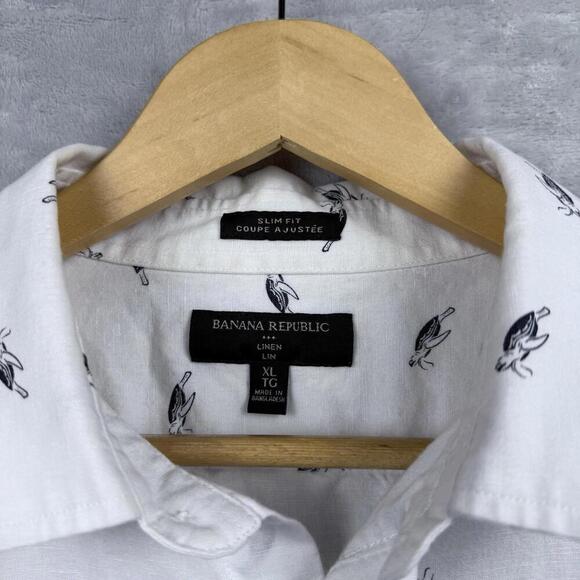Banana Republic Slim Fit Linen Cotton Shirt Sz XL White Turtle Print Long Sleeve - Picture 4 of 10